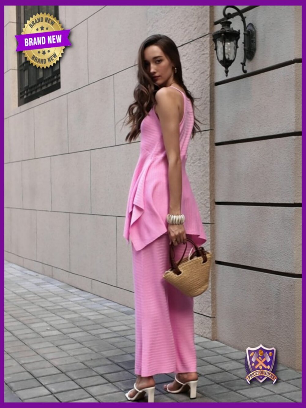 2 Piece Knit Sets Summer Outfits Deep V Neck Flowy Tank Wide Leg Pants Matching - Picture 6 of 6